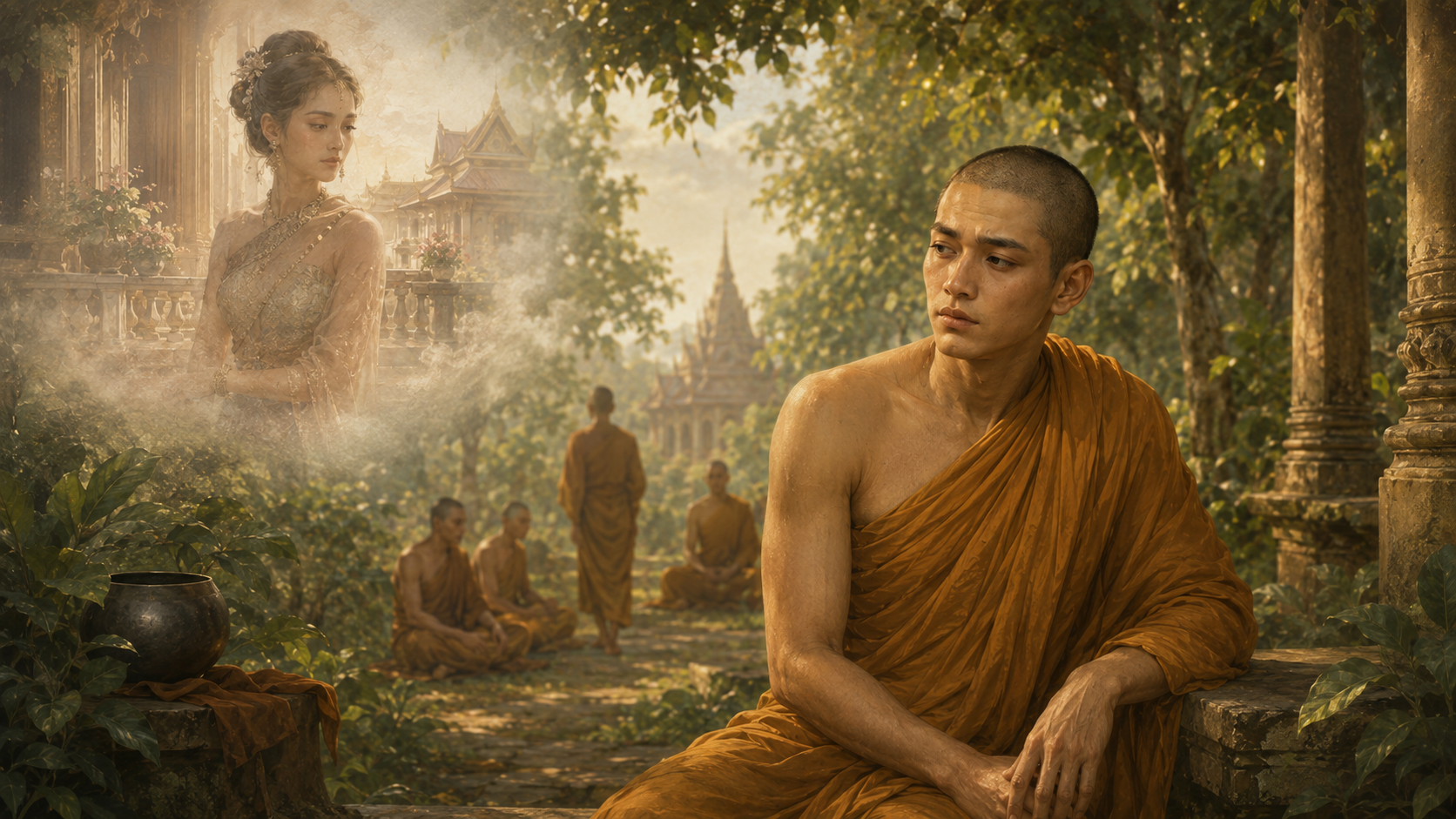 พระพุทธเจ้าทรงแสดงธรรมแก่พระนันทะผู้ยังผูกใจกับชีวิตเดิม