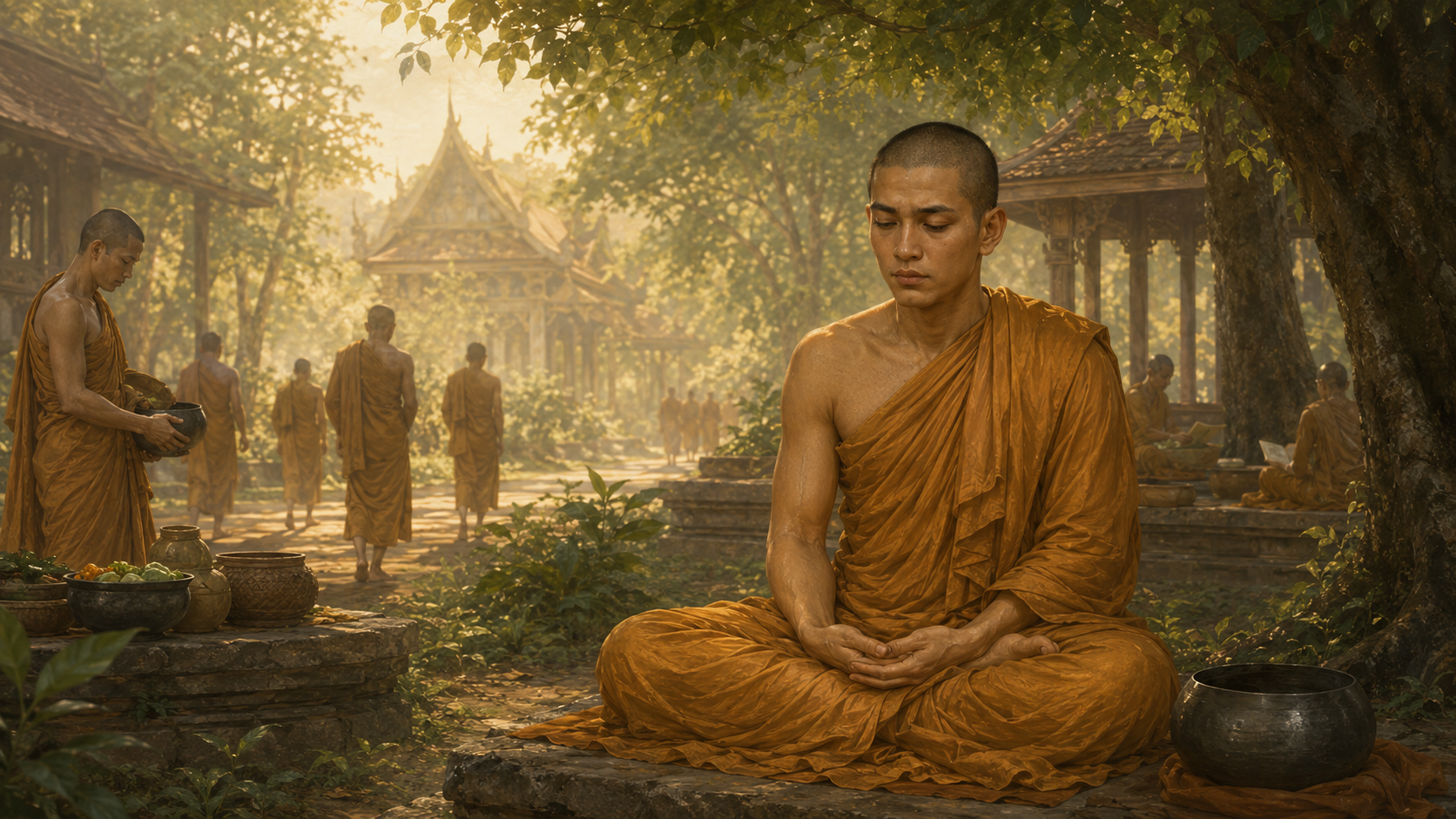 พระนันทะฝึกสำรวมอินทรีย์ ความพอดี ความตื่น และสติในอาราม