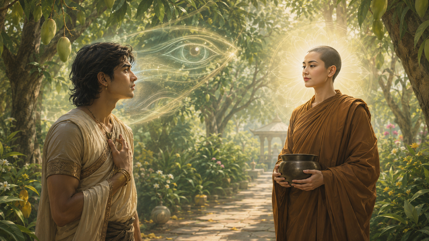 ชายหนุ่มมองพระสุภาเถรีผ่านภาพความงามที่ใจแต่งขึ้นในสวนมะม่วงหมอชีวก