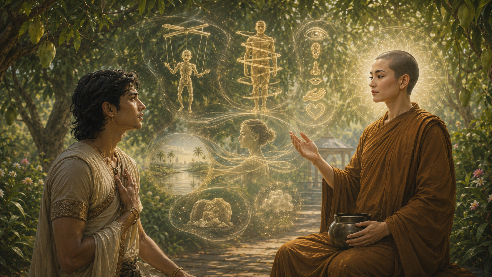 พระสุภาเปลี่ยนระดับการมองจากภาพรวมที่ใจสมมติ ไปสู่หุ่น ภาพลวง ส่วนประกอบ เหตุปัจจัยและความแปรเปลี่ยนของรูปกาย