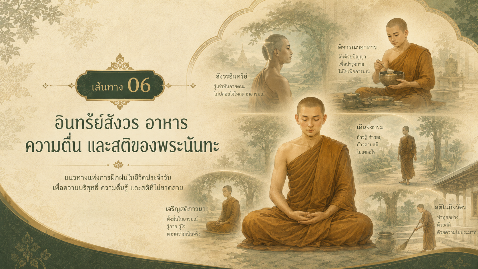 ภาพประกอบเส้นทางที่ 06 — อินทรีย์สังวร อาหาร ความตื่น และสติของพระนันทะ