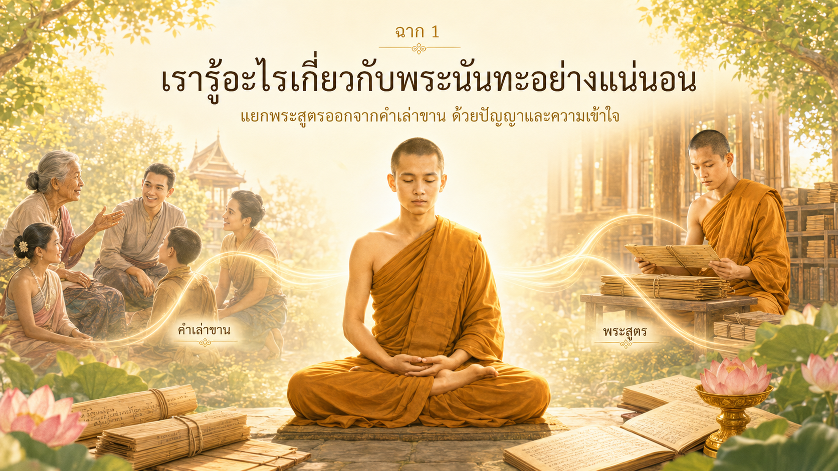 ฉากที่ 1 แยกหลักฐานพระสูตร คำเล่าขาน และการพิจารณา