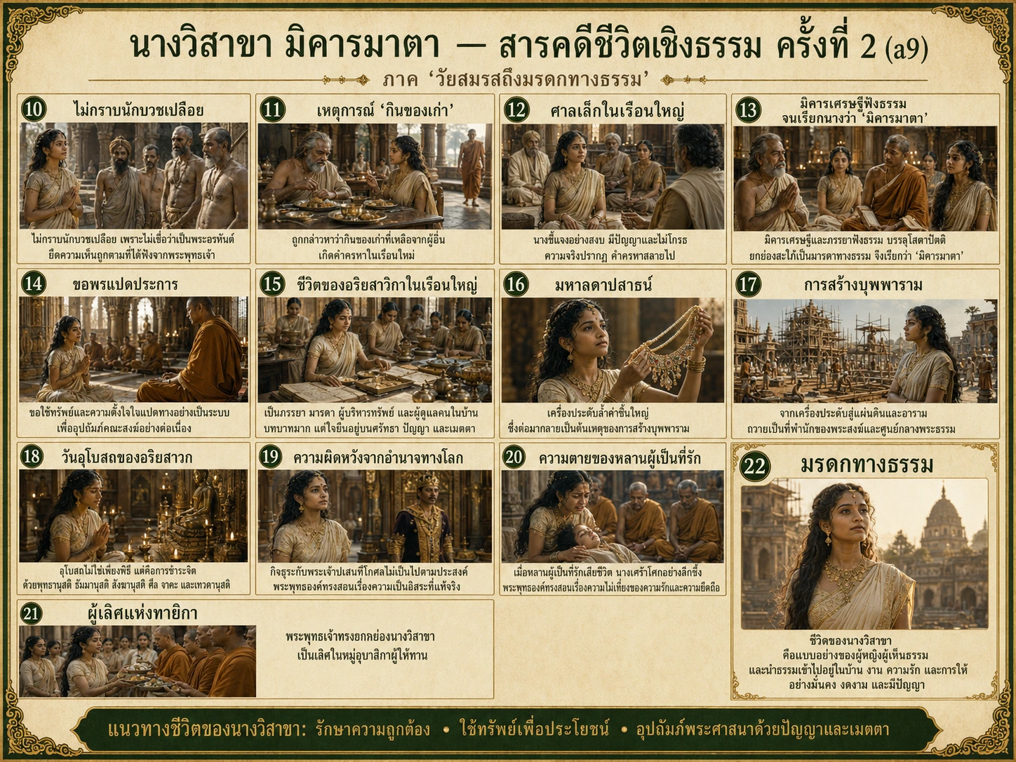 แผนภาพสรุปเส้นทางชีวิตนางวิสาขา ภาคที่ 2 ตั้งแต่วัยสมรสถึงมรดกทางธรรม