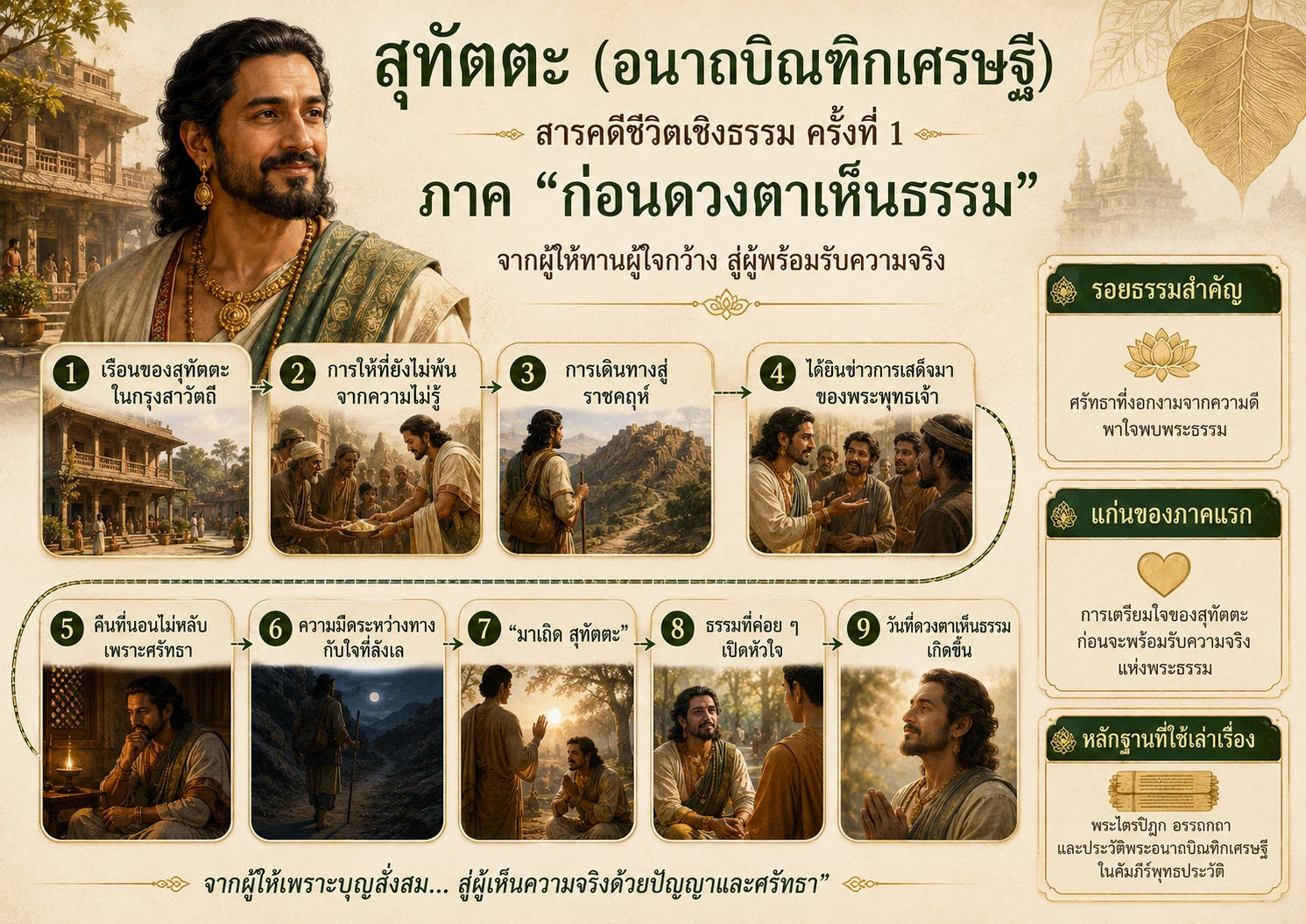 แผนภาพสรุปเส้นทางชีวิตสุทัตตะ ก่อนดวงตาเห็นธรรม ตั้งแต่กรุงสาวัตถีถึงการบรรลุโสดาบัน
