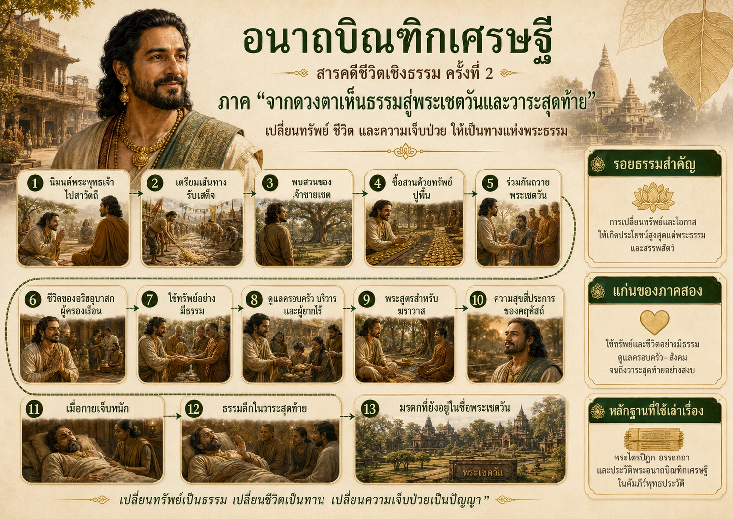 แผนภาพสรุปเส้นทางชีวิตอนาถบิณฑิกเศรษฐี ตั้งแต่การนิมนต์พระพุทธเจ้าไปสาวัตถีถึงวาระสุดท้าย